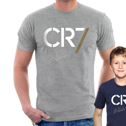 Two people wearing CR7 t-shirts, one gray and one blue.