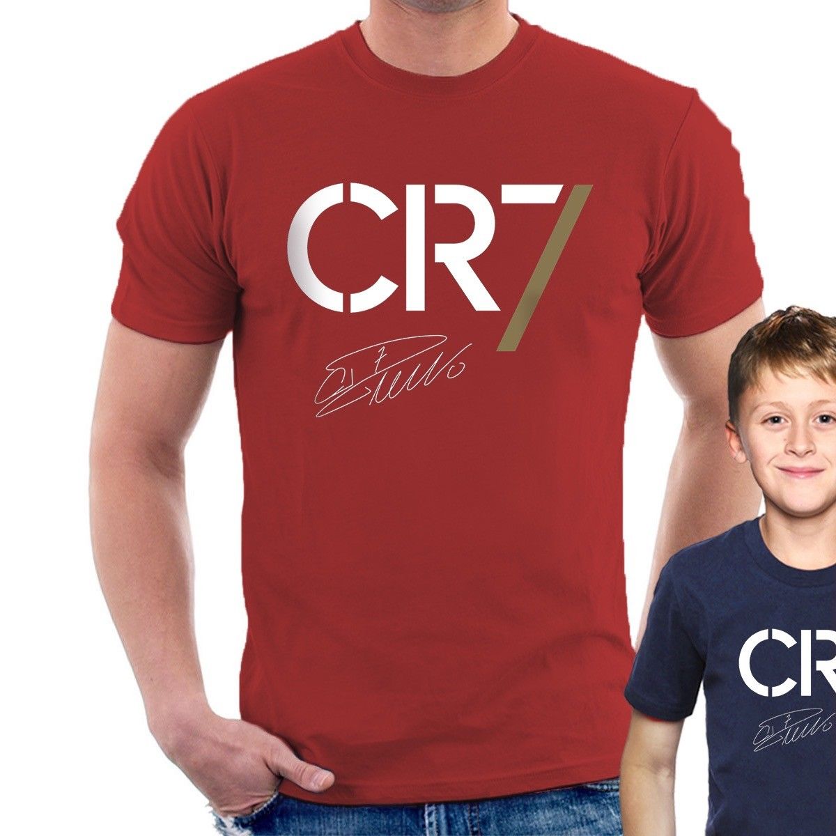 Red t-shirt with 'CR7' logo worn by a person, with a child wearing a blue t-shirt with 'CR7' logo in the background.