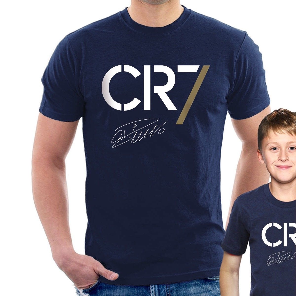 Two people wearing navy blue 'CR7' t-shirts with a signature.