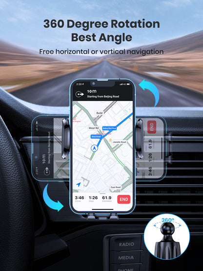 Car phone mount with 360-degree rotation feature displaying a navigation app on a smartphone.