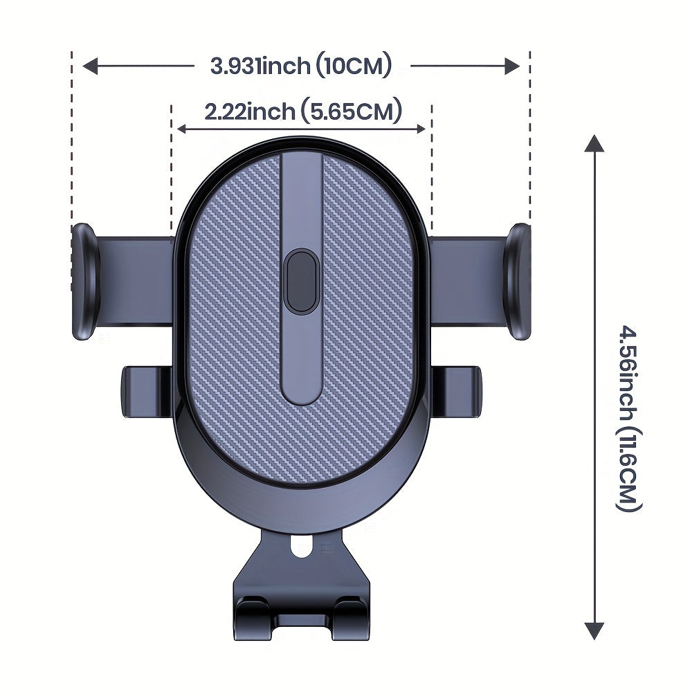 Dimensions of a car phone holder with measurements in inches and centimeters.