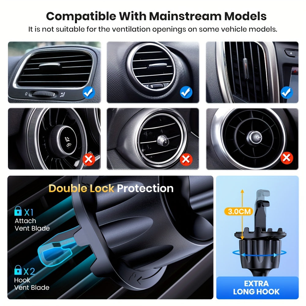 Car air vent attachment compatibility chart and features illustration.