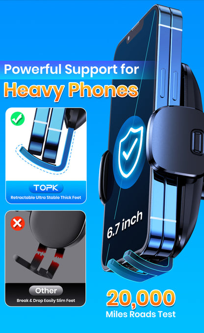 Phone holder with features highlighted on a blue background