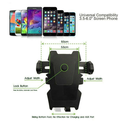 Phone holder with compatibility chart for 3.5-6.0" screen phones on a white background