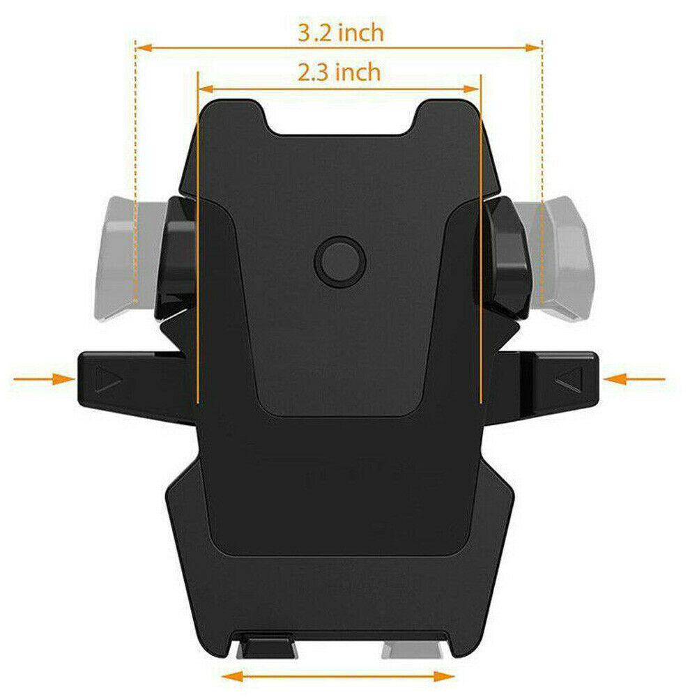 Black car phone holder with measurements on a white background