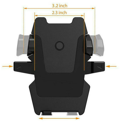 Black car phone holder with measurements on a white background