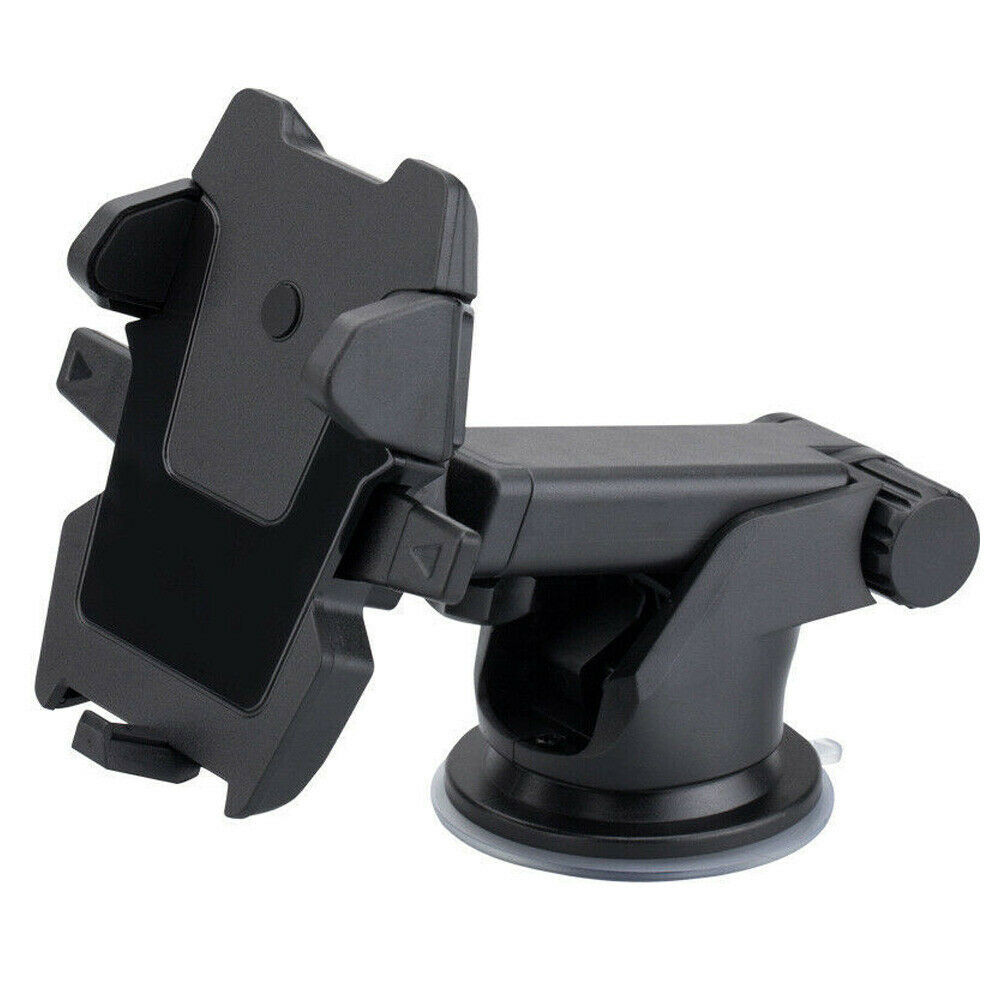 Black car phone mount with suction cup on a white background