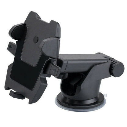 Black car phone mount with suction cup on a white background