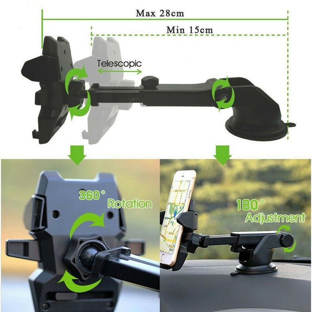 Car phone holder with telescopic arm and 360-degree rotation features, shown on a car dashboard.