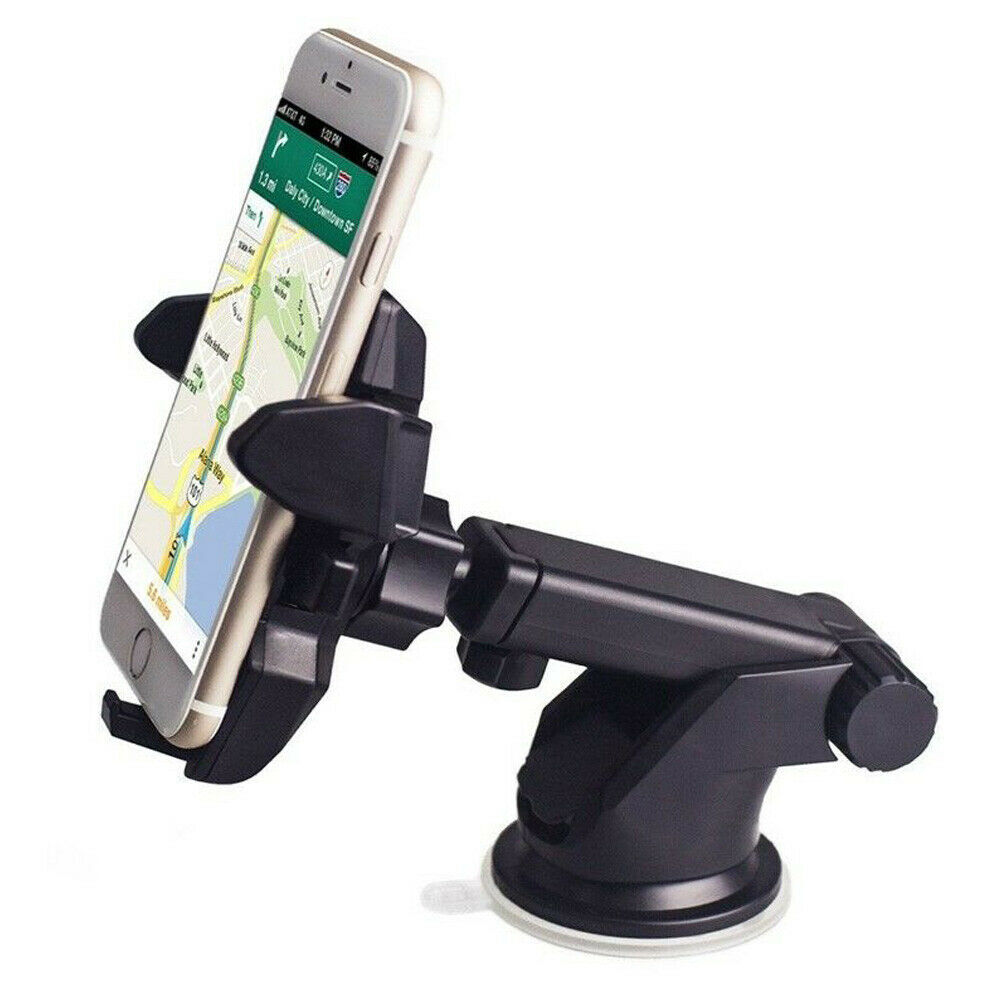 Phone mounted on a car dashboard holder with a white background