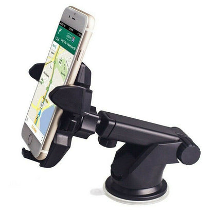 Phone mounted on a car dashboard holder with a white background