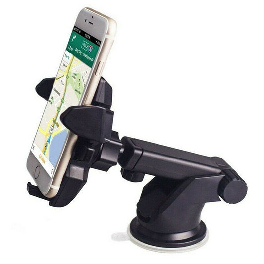 Phone mounted on a car dashboard holder with a white background