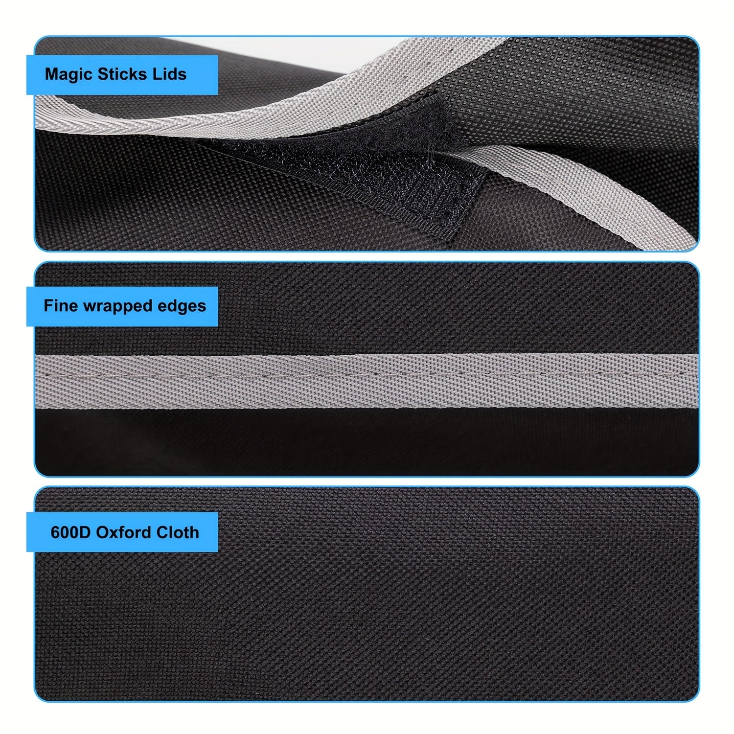 Close-up of black and gray fabric with text labels on a white background