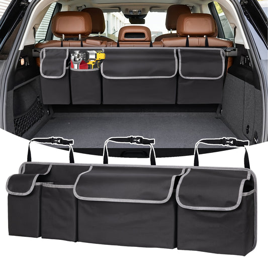 Car trunk organizer with compartments and tools, shown in a car setting.