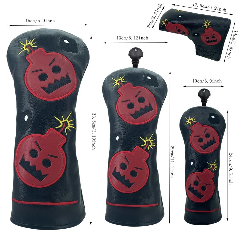 Black and red golf club head covers with bomb design and measurements on a white background