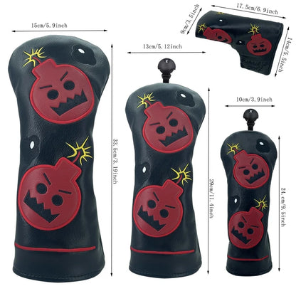 Black and red golf club head covers with bomb design and measurements on a white background