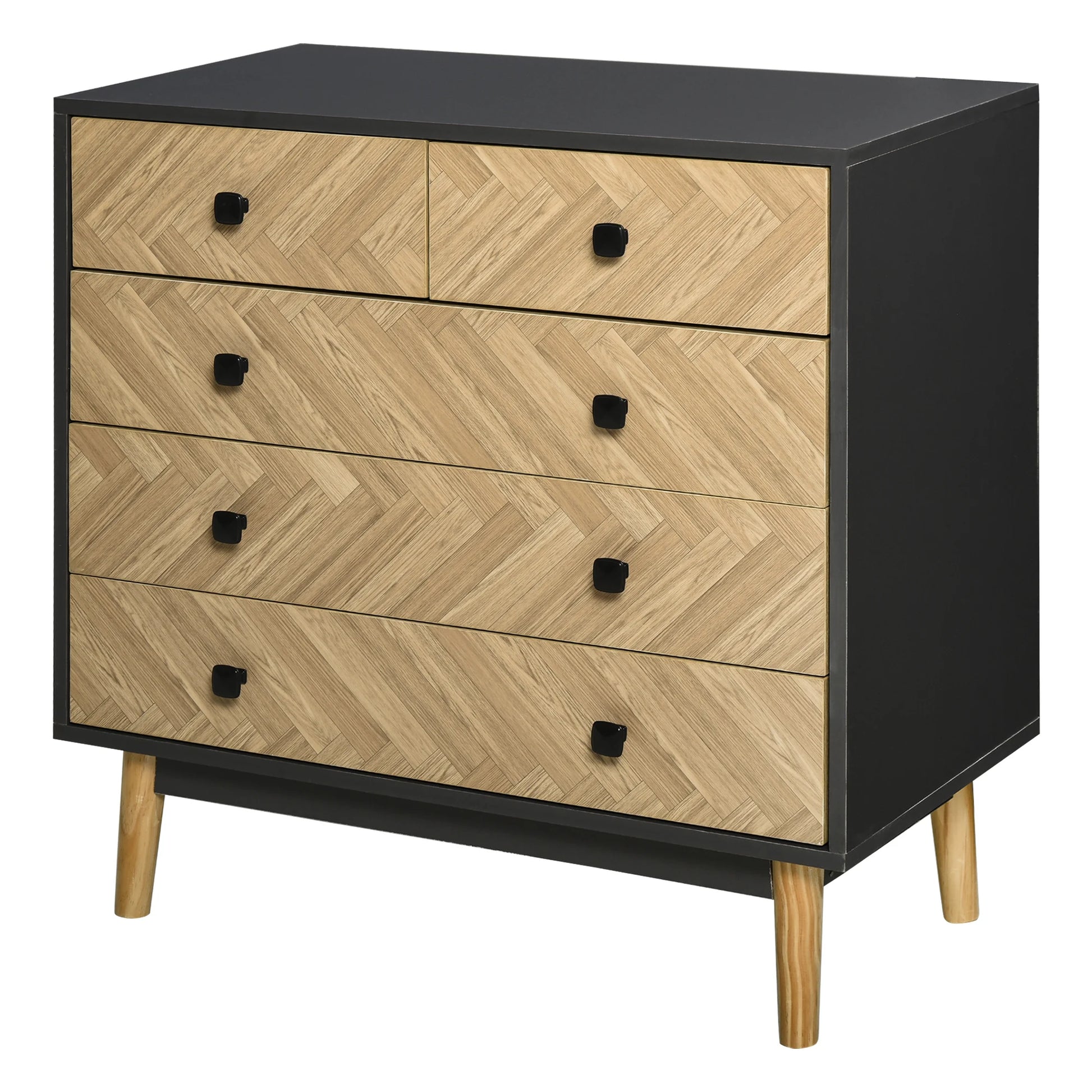 Black dresser with wooden drawers and chevron pattern on a white background