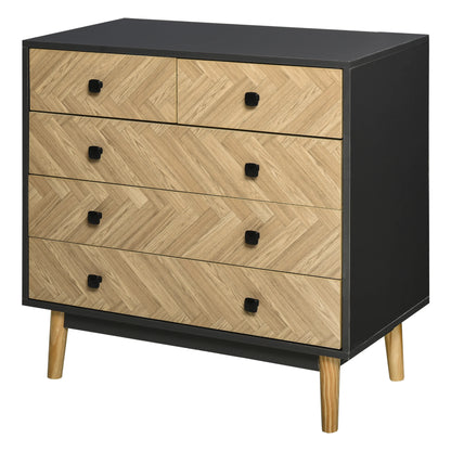 Black dresser with wooden drawers and chevron pattern on a white background