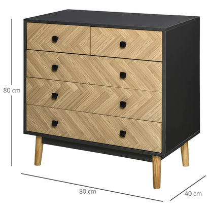 Black and wooden dresser with dimensions on a white background
