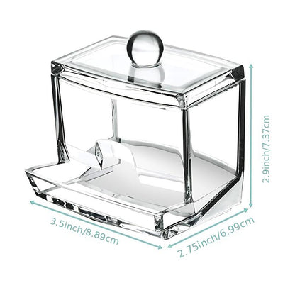 Clear glass cake stand with dimensions indicated on a white background