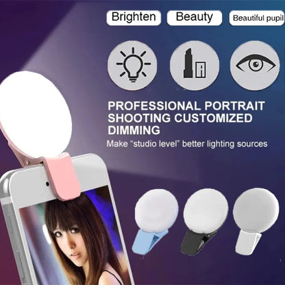 Smartphone with a selfie light attachment on a purple background with text about professional portrait shooting.