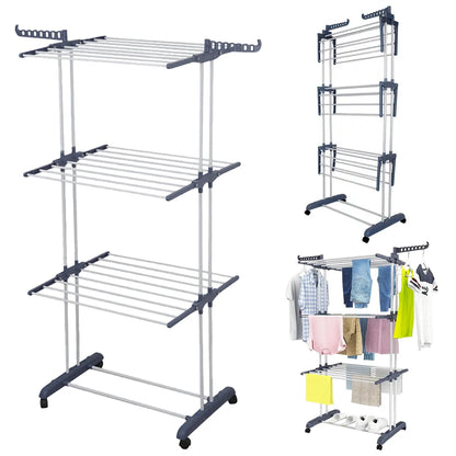 Clothing rack with multiple shelves and clothes on a white background