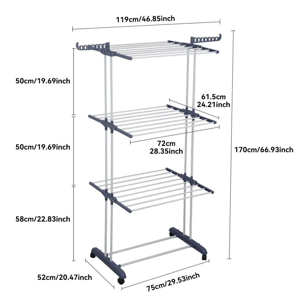 Clothing rack with dimensions labeled on a white background