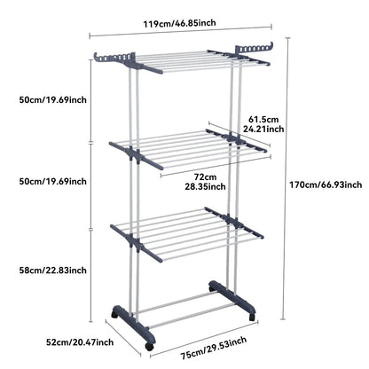 Clothing rack with dimensions labeled on a white background