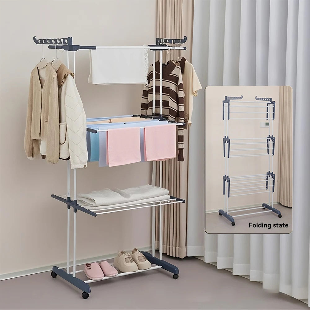 Clothing rack with clothes and shoes, showing both open and folded states against a neutral background.