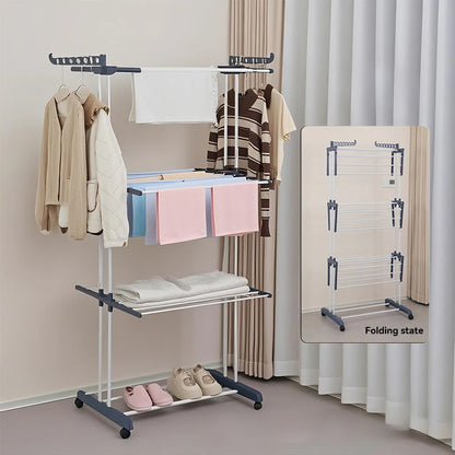 Clothing rack with clothes and shoes, showing both open and folded states against a neutral background.