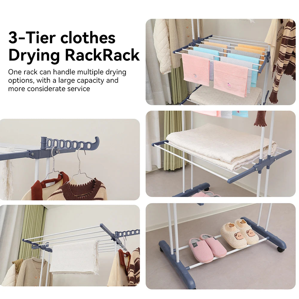 3-tier clothes drying rack with various uses in a home setting