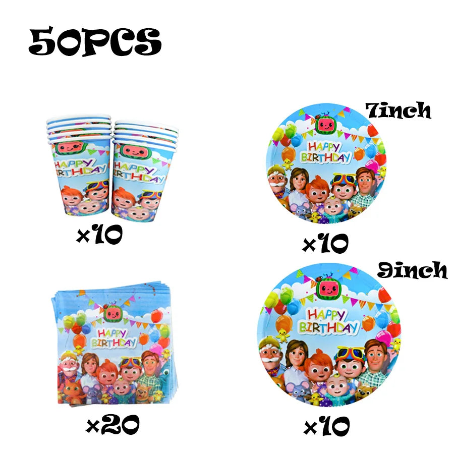 A 50-piece Cartoon Network's 'Zoo Animals' Happy Birthday party supplies set, including 10 paper cups, 10 paper plates (5-inch and 9-inch), and 20 paper napkins, all featuring colorful cartoon animal characters and 'HAPPY BIRTHDAY' text on a white background.