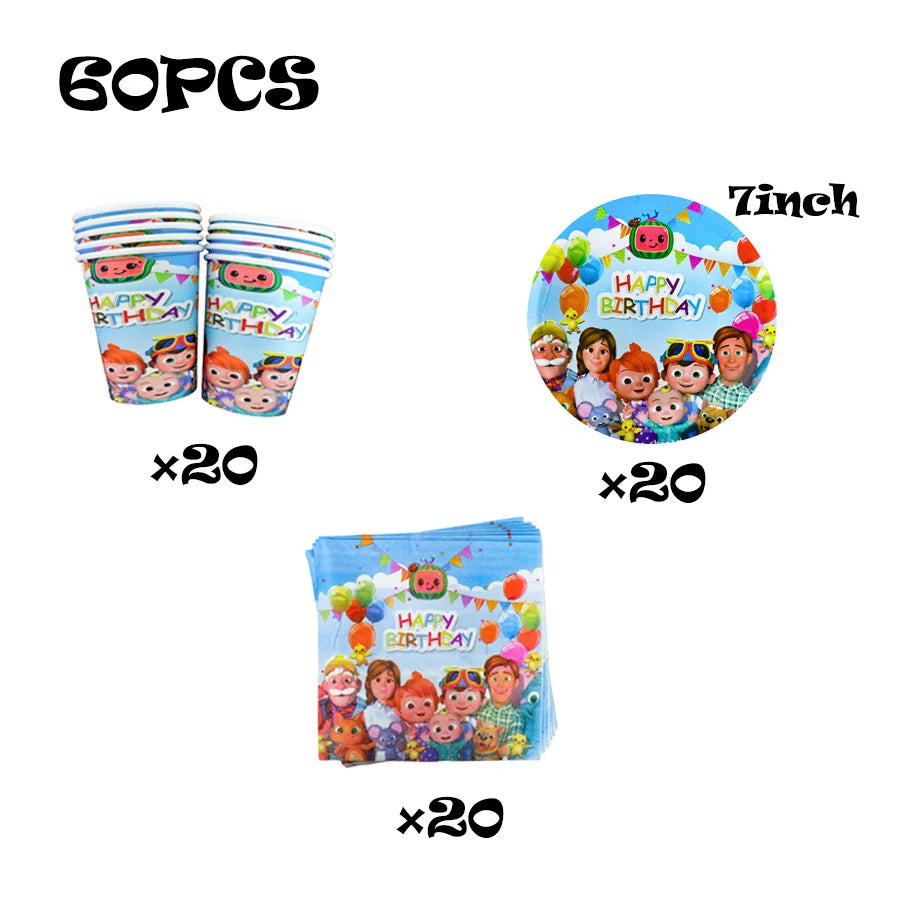 A set of 60 pieces of Cartoon Network's 'The Powerpuff Girls' birthday party tableware, including 20 paper cups, 20 round 7-inch plates, and 20 napkins, all featuring colorful character artwork on a white background.