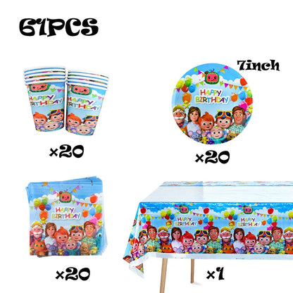 Cucurucom Happy Birthday party tableware set including 20 paper cups, 20 round plates, 20 napkins, and 1 tablecloth, all featuring cartoon characters and colorful balloons on a blue background.