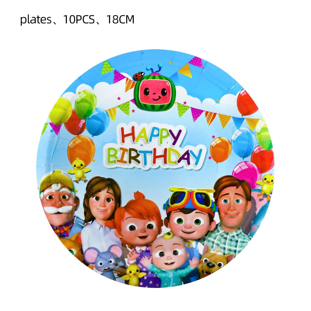 A round Cocomico-themed birthday party plate with colorful cartoon characters, balloons, and 'HAPPY BIRTHDAY' text, shown on a white background with text reading 'plates, 10PCS, 18CM' at the top.