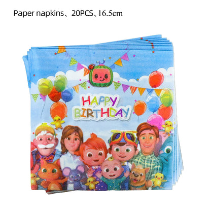 A stack of paper napkins featuring a colorful cartoon birthday design with the text 'Happy Birthday,' balloons, bunting, and characters. Text at the top reads 'Paper napkins, 20PCS, 16.