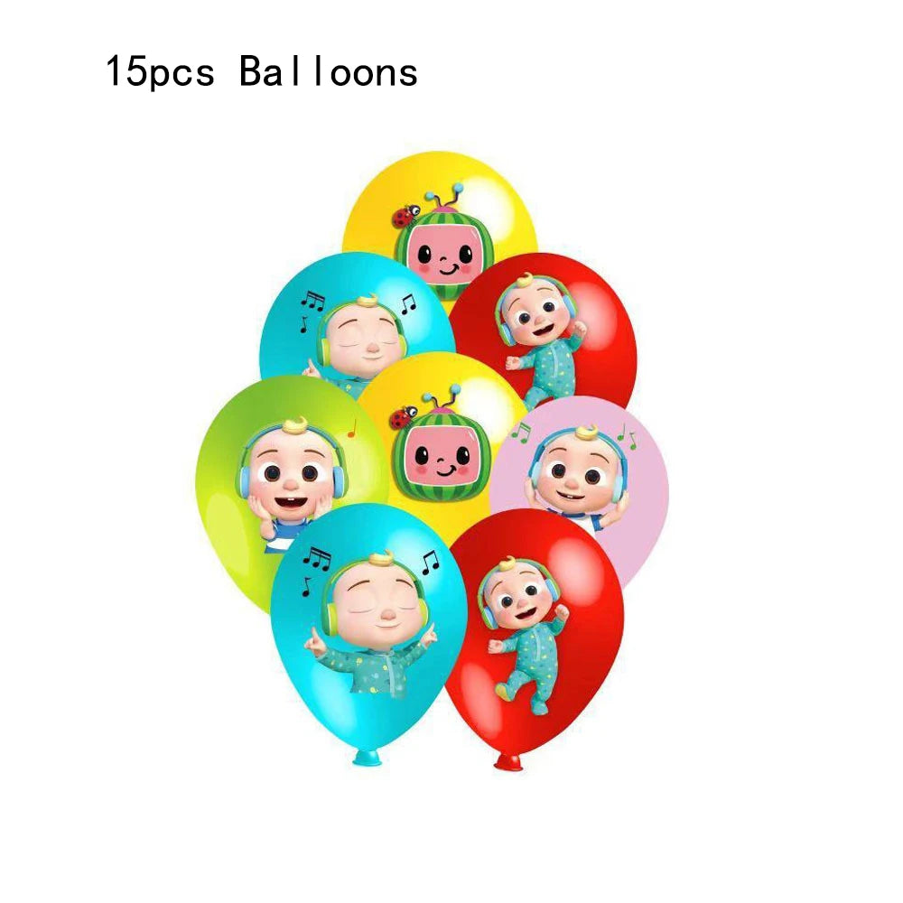 Set of 15 colorful balloons with cartoon characters on a white background