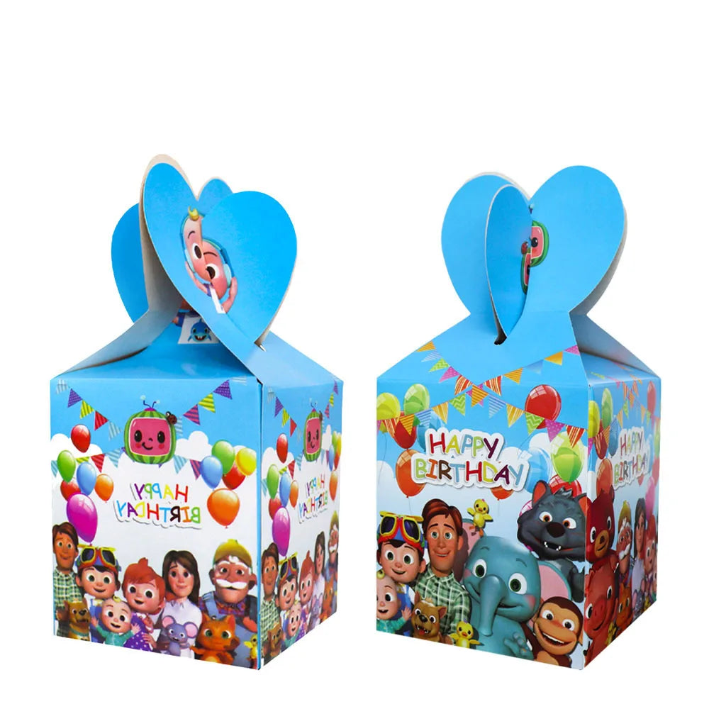Two blue birthday favor boxes with cartoon characters and 'Happy Birthday!' text on a white background.