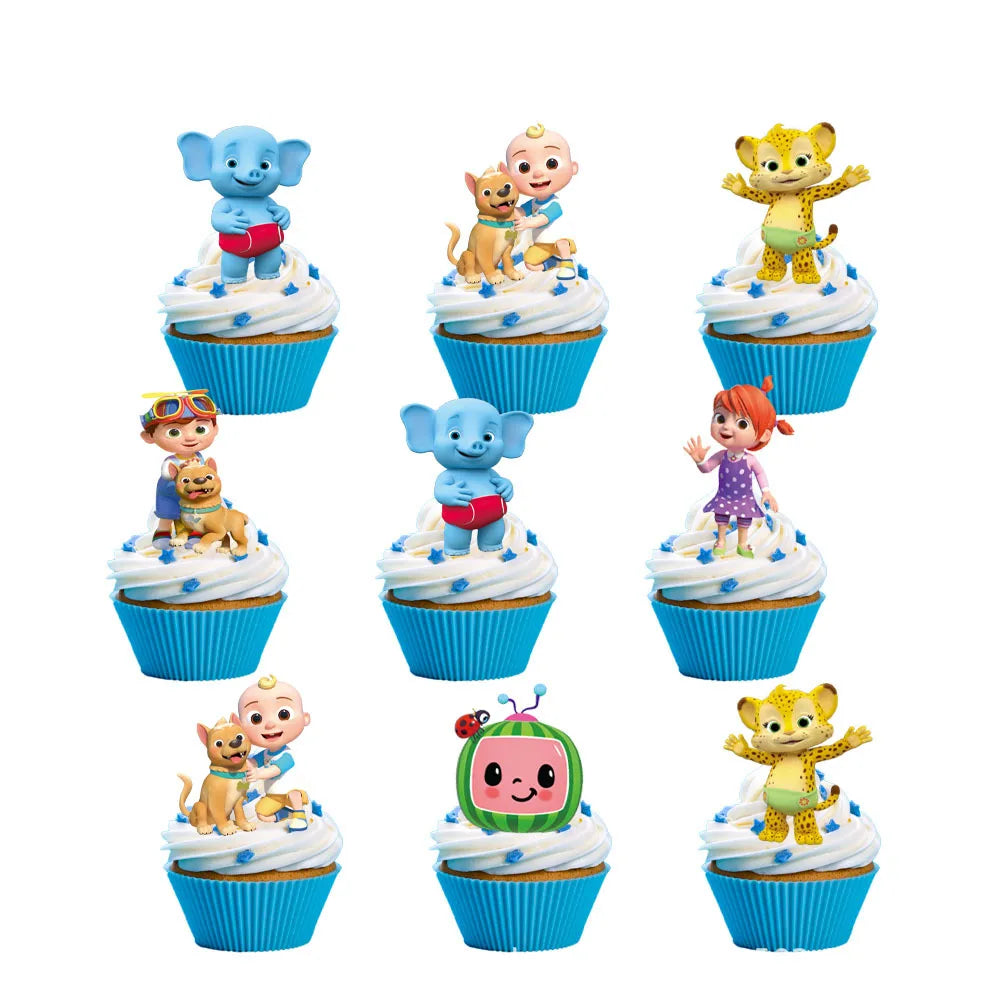 Set of cupcakes with cartoon character toppers on a white background