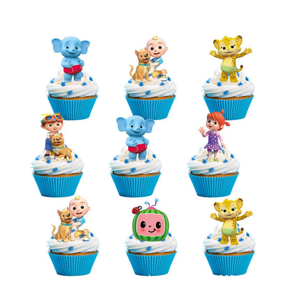 Set of cupcakes with cartoon character toppers on a white background