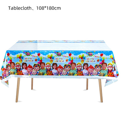 A rectangular tablecloth with a colorful cartoon children party design, shown draped over a table on a white background. Text at the top reads 'Tablecloth, 108*180cm'.