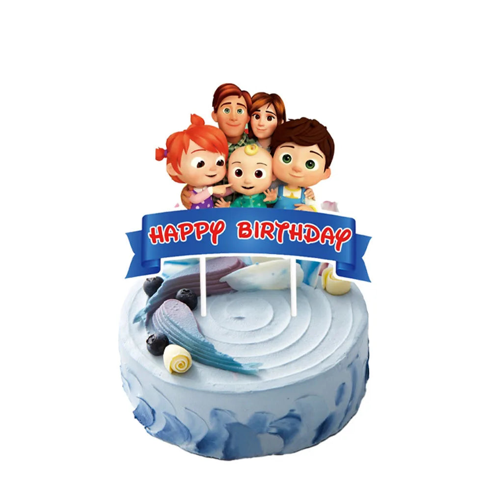 Cake topper with cartoon characters and 'Happy Birthday' banner on a white background