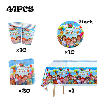 Coco Bear birthday party tableware set including 10 paper cups, 10 paper plates, 20 napkins, and 1 tablecloth, all printed with colorful cartoon characters and 'Happy Birthday' text on a white background.