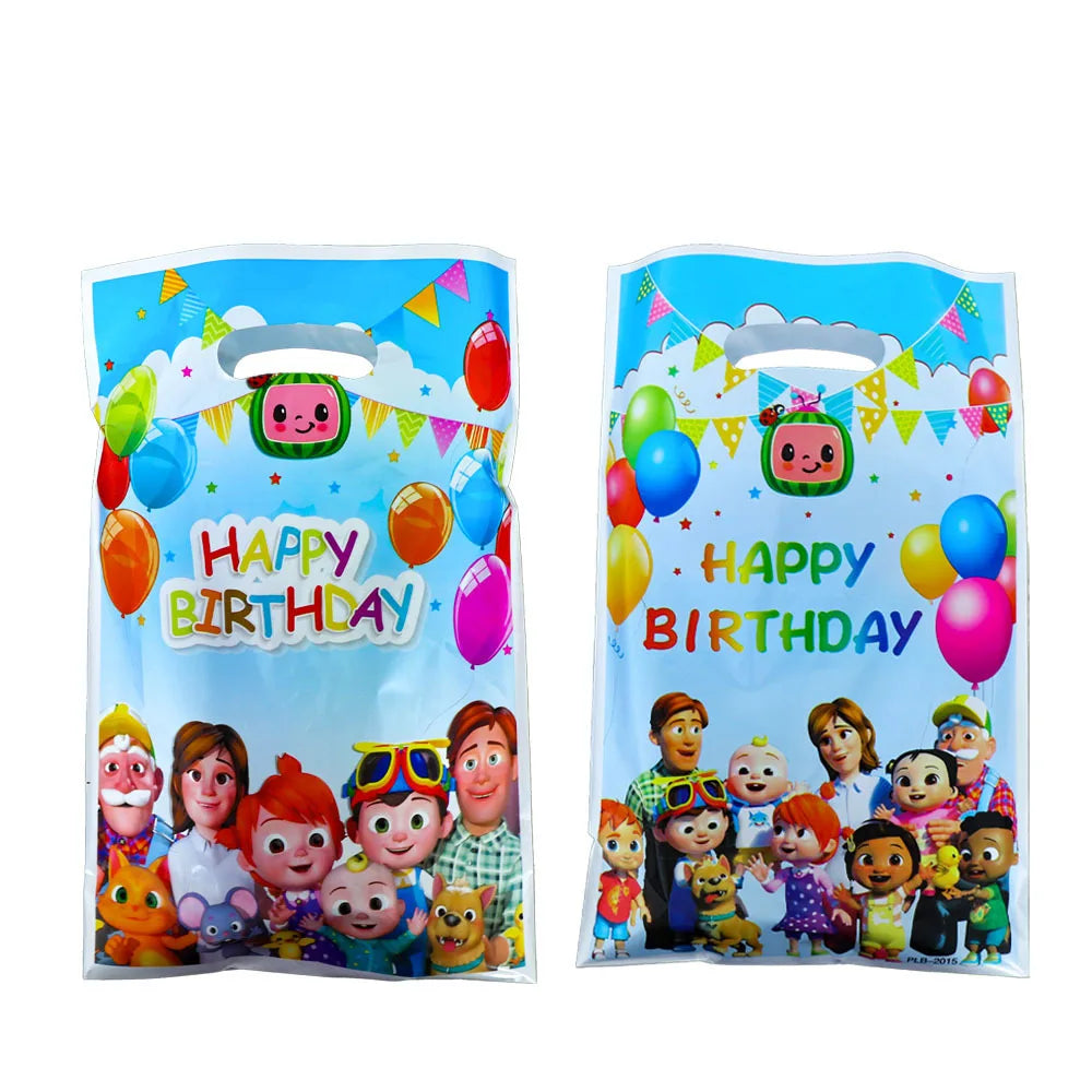 Two colorful 'Happy Birthday' party bags with cartoon characters on a white background