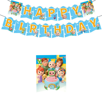 Coqui Coqui Coqui-themed birthday party decoration set featuring a 'HAPPY BIRTHDAY' banner with character illustrations and a matching party backdrop.