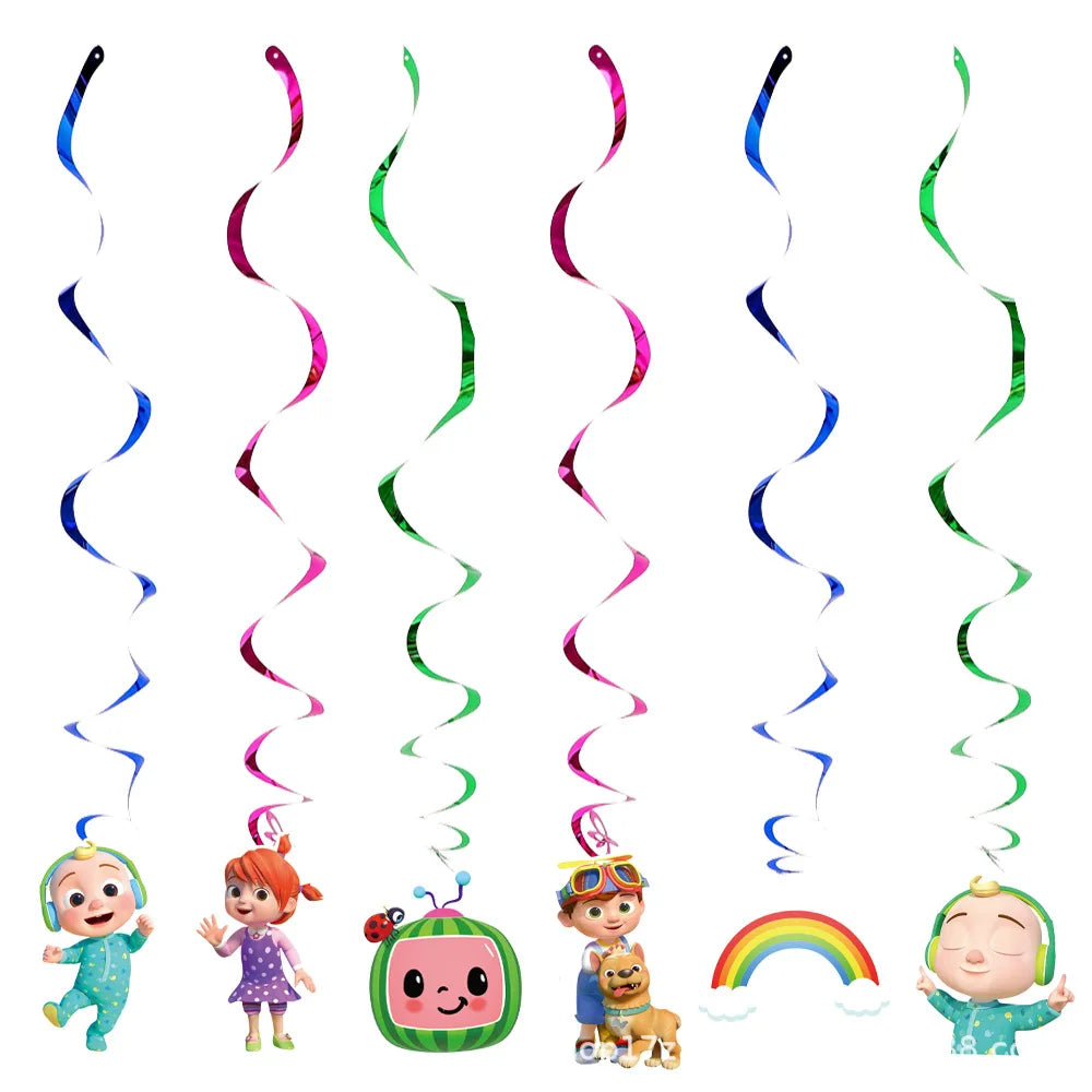 Six colorful hanging spiral party decorations on a white background, each with a different cartoon character or design including blue, pink, green, rainbow, and Cocomico-inspired characters.