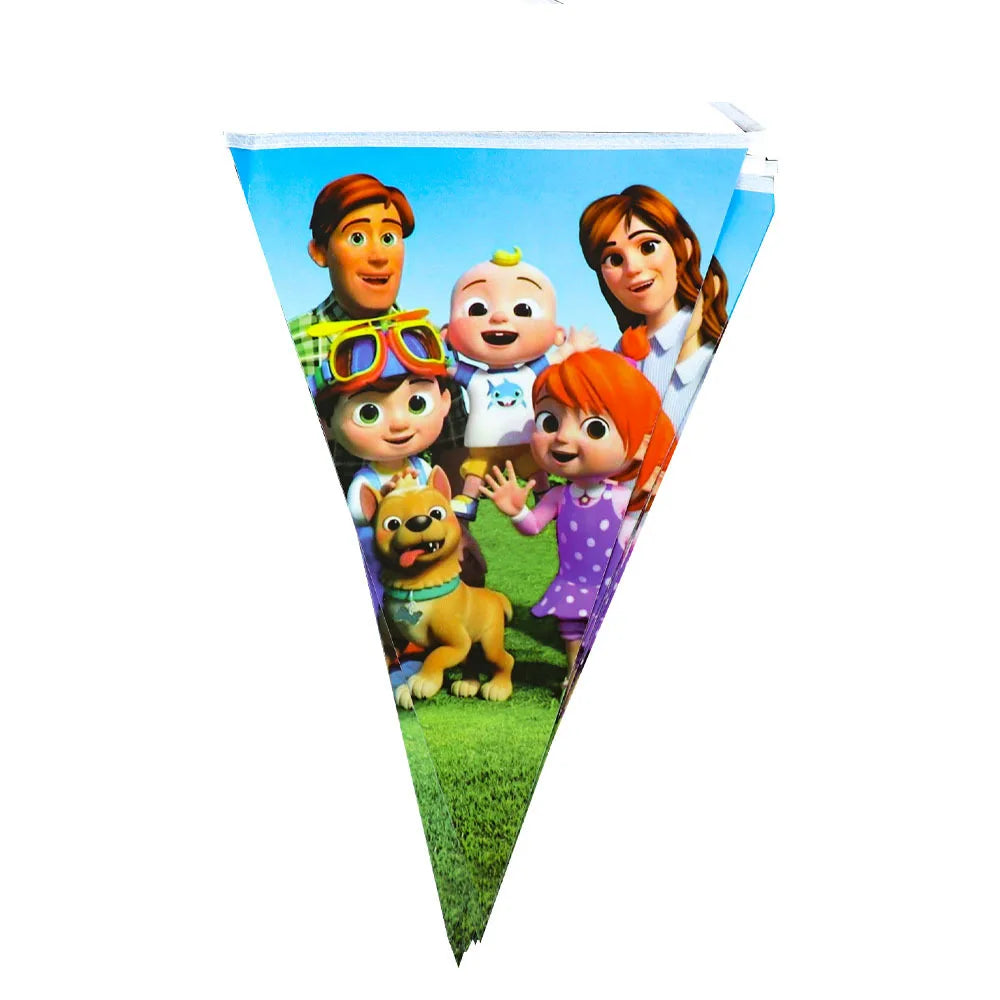 Children's party banner with cartoon characters on a white background