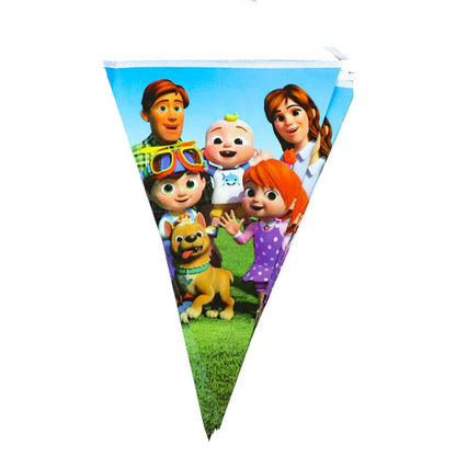Children's party banner with cartoon characters on a white background