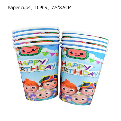 Two stacks of paper party cups with a colorful cartoon design featuring the text 'HAPPY BIRTHDAY' and character faces, shown on a white background with text at the top reading 'Paper cups, 10PCS, 7.5*8.