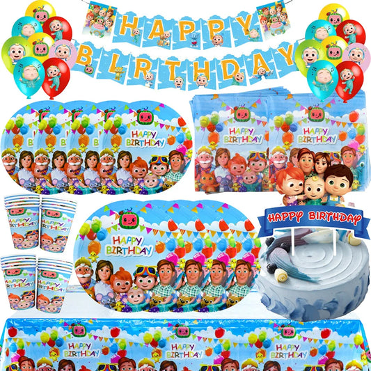 A colorful birthday party supplies set featuring cartoon characters from Pocahontas. The set includes a 'HAPPY BIRTHDAY' banner, round and oval tablecloths, paper plates, cups, balloons, and a cake topper, all decorated with illustrations of Pocahontas and her tribe.